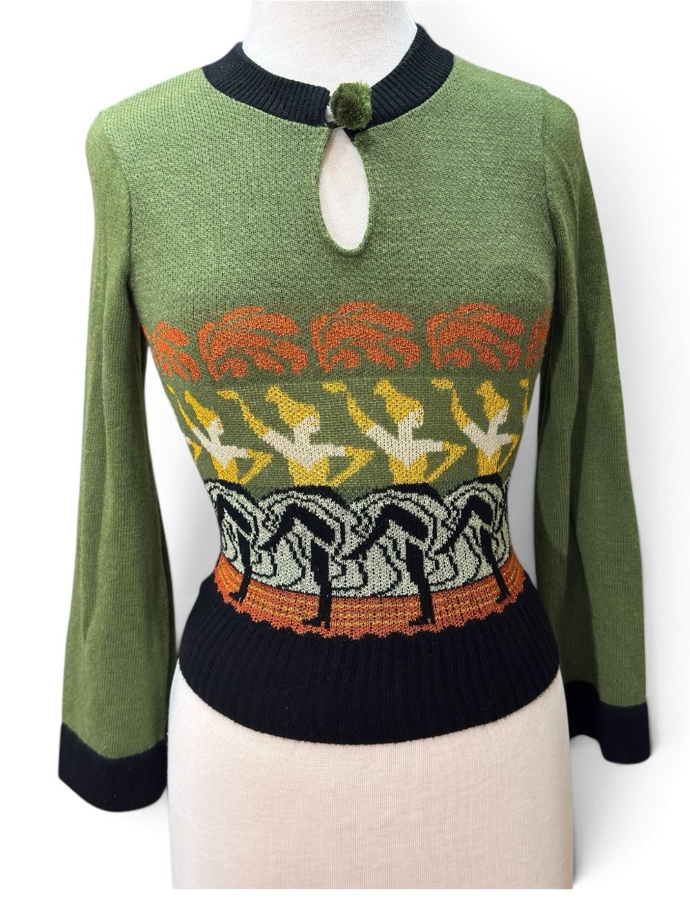 Vintage The Red Eye Olive Green Novelty Knit Sweater Keyhole Pom Pom Graphic XS